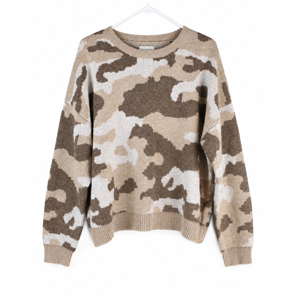 Lucky Brand Womens XL Camo Crew Neck Wool Blend Knit Sweater Tan Camouflage